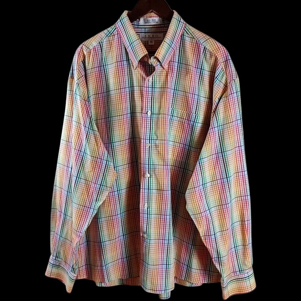 Enro Men’s XXL Rainbow Button Down Shirt Plaid Non-Iron 100% Cotton Tailored - Picture 3 of 9